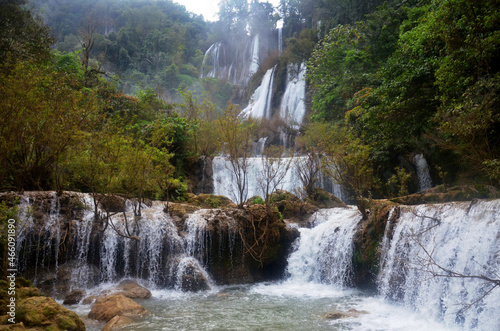 Namtok Thi Lo Su Waterfall largest highest waterfalls at Thailand in jungle forest of Umphang Wildlife Sanctuary for thai people foreign travelers travel visit relax in Umphang city at Tak, Thailand