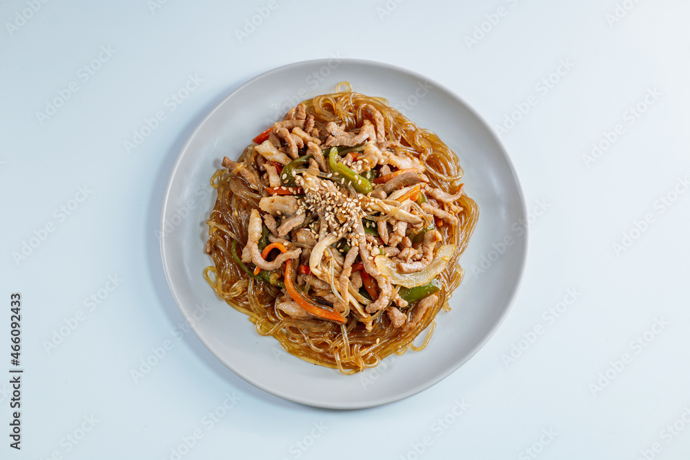 Korean style stir-fried glass noodles pork and vegetables