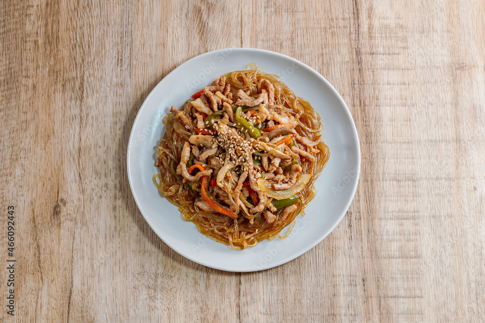 Korean style stir-fried glass noodles pork and vegetables Korean style stir-fried glass noodles pork and vegetables