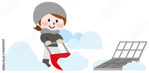 除雪をする女性と流雪溝のイラスト