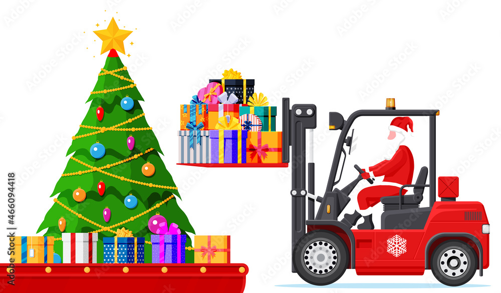 Christmas Warehouse Interior. Santa Claus in Forklift Loaded with Pile of Gift Boxes and Tree. Festive Presents Conveyor. Presents Delivery Shipping. New Year. Christmas Xmas. Flat Vector Illustration