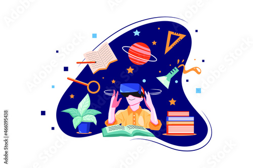 Boy studying using VR tech Illustration concept. Flat illustration isolated on white background.