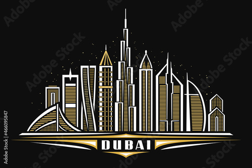 Vector illustration of Dubai, dark horizontal poster with linear design famous dubai city scape on dusk starry sky background, asian urban line art concept with decorative lettering for word dubai.