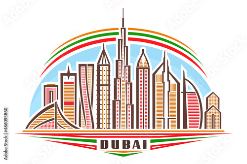 Vector illustration of Dubai, horizontal poster with linear design famous dubai city scape on day sky background, asian urban line art concept with decorative lettering for blue word dubai on white.