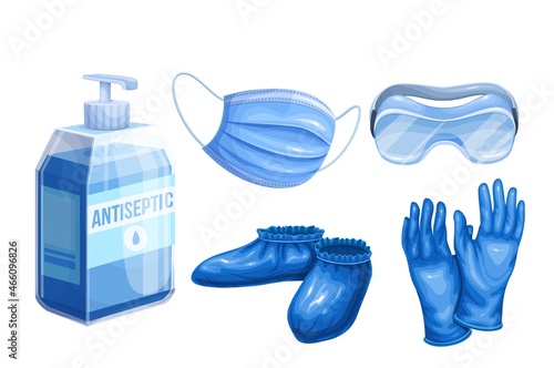 Medical goggles, blue safety breathing mask, shoe covers, medical latex protective gloves and sanitizer. Means of protection vector illustration.