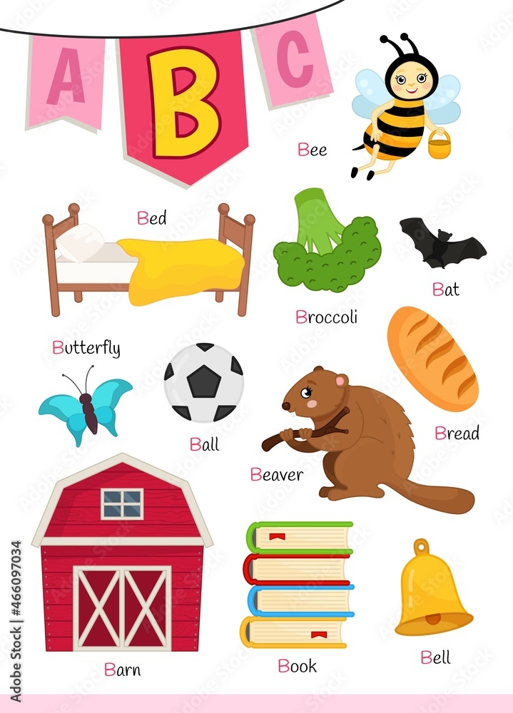 English alphabet with cartoon cute children illustrations. Kids learning  material. Letter B. Illustrations bee, bed, beaver, barn, broccoli, ball.  Stock Vector | Adobe Stock