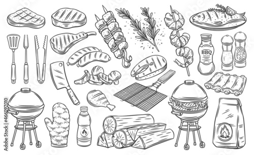 Fotografia BBQ party outline icons set, barbecue, grill or picnic