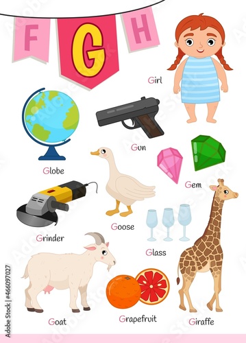 English alphabet with cartoon cute children illustrations. Kids learning material. Letter G. Illustration,girl, gun, globe, goat, giraffe, goose.
