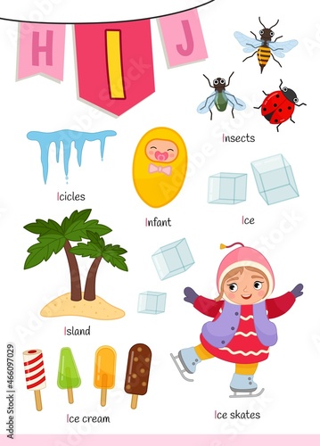 English alphabet with cartoon cute children illustrations. Kids learning material. Letter I. Illustration,insects, icicles, island, ice cream.
