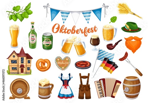 Oktoberfest Beer Festival icons set. Accordion, beer, grilled sausage on fork, smoking pipe and ets. Vector illustration.