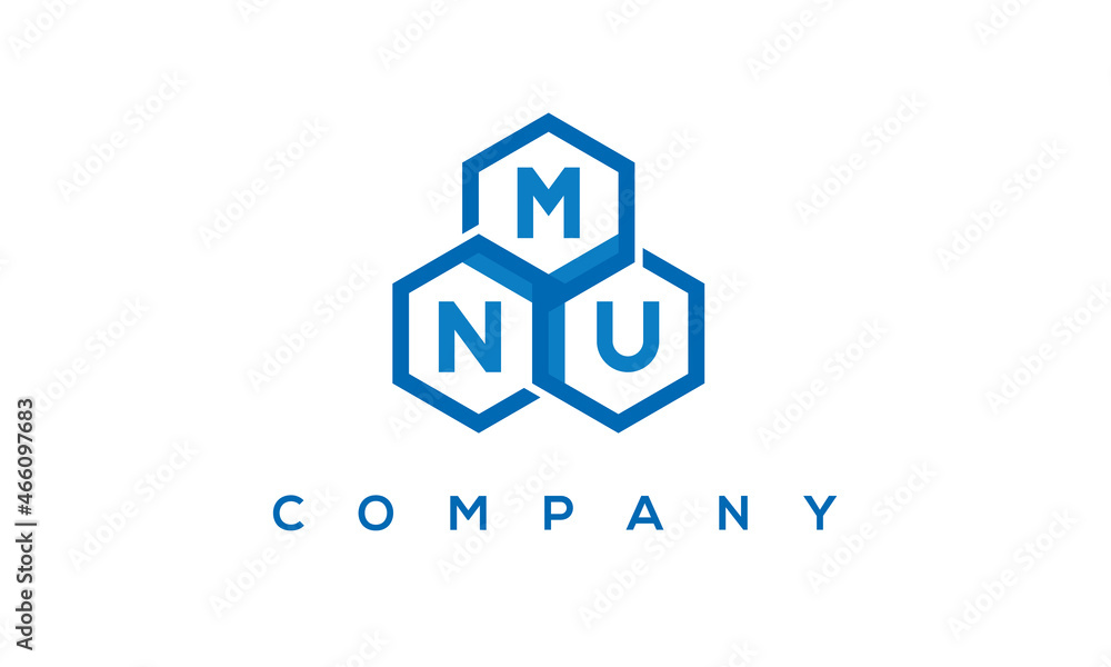 MNU letters design logo with three polygon hexagon logo vector template