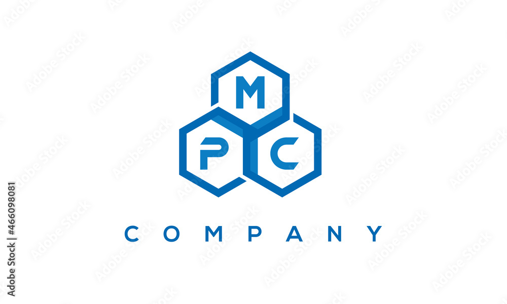 MPC letters design logo with three polygon hexagon logo vector template