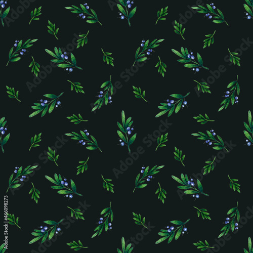 seamless watercolor pattern with branches and mistletoe berries on a dark background.