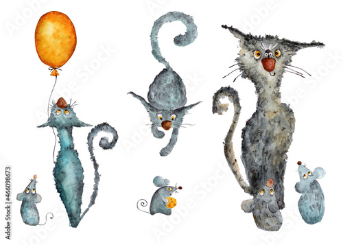 Watercolor illustrations of cats and mice