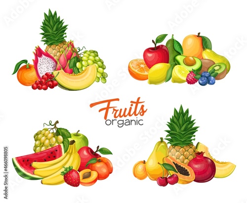 Fruits and berries banners  vector illustration. Compositions of Pitaya  pomegranate  raspberries  strawberries  grapes  currants and blueberries . Lemon  peach  apple  orange watermelon and avocado