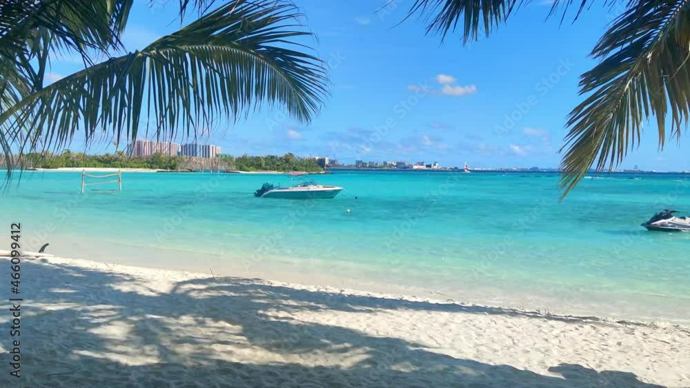 Beach landscape. Sandy Beach with boat in the Maldives.