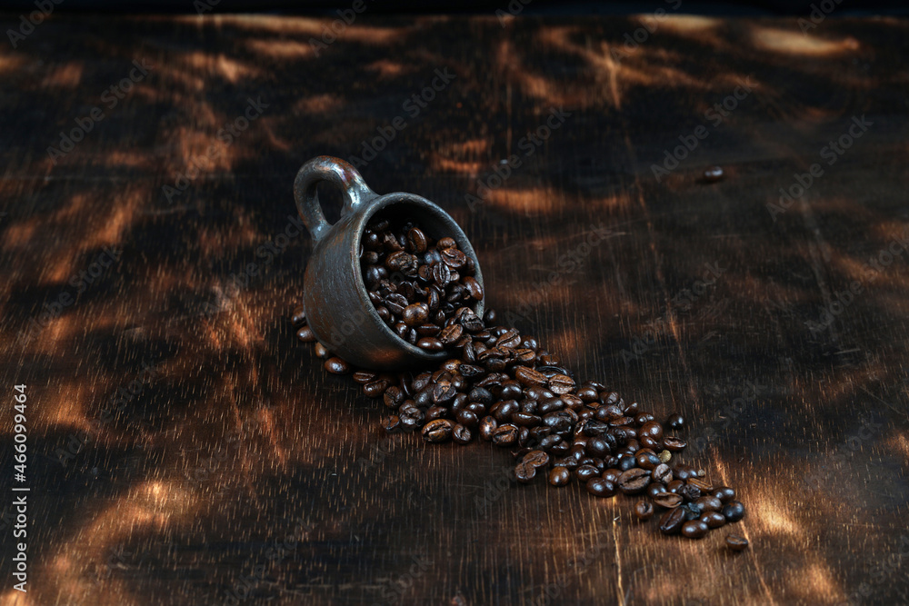 Cup of coffee, bag and scoop on old rusty background, free space for text Cup of coffee, bag and scoop on old rusty background, free space for text