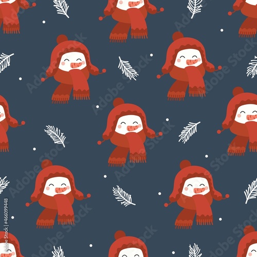 Christmas seamless vector pattern with cute hand drawn smiling snowman face. Kawaii holiday background for kids room decor, nursery art, print, fabric, wallpaper, wrapping paper, textile, packaging.