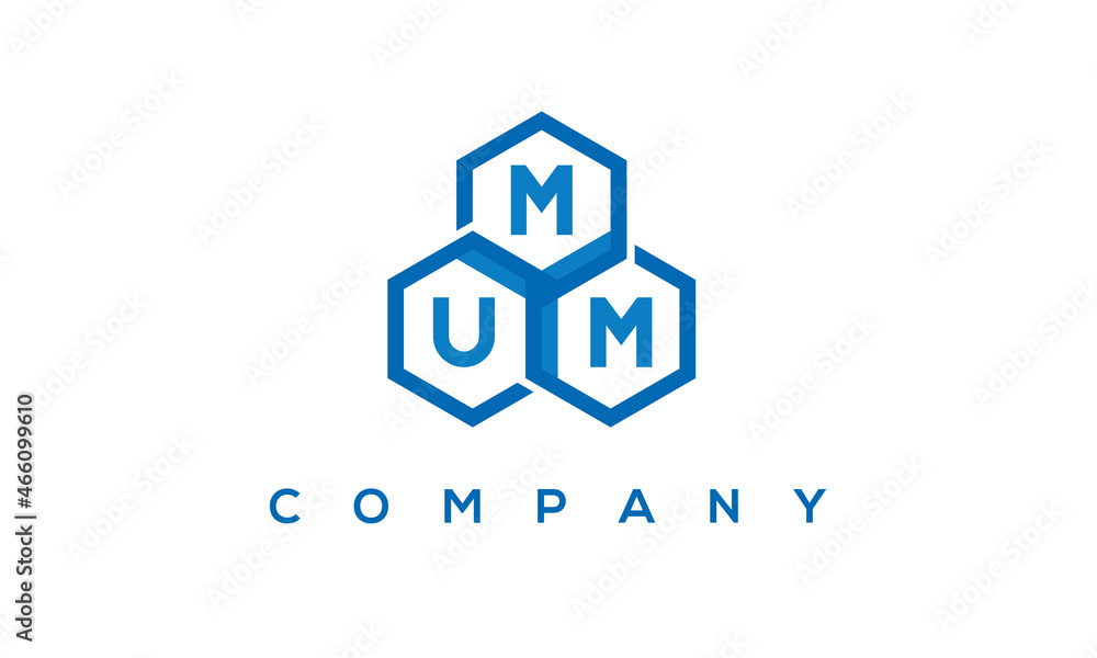 MUM letters design logo with three polygon hexagon logo vector template