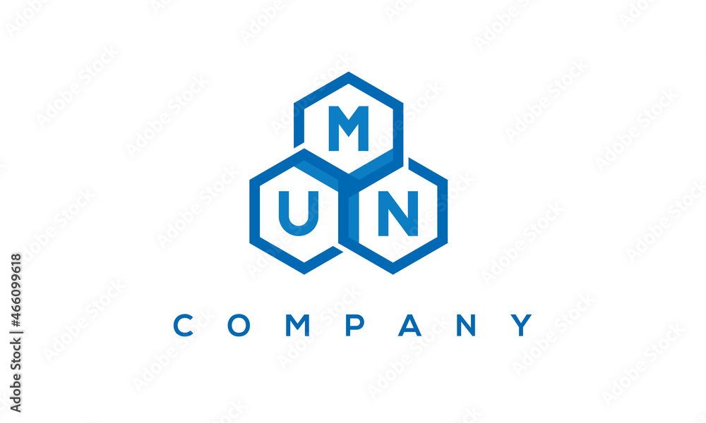 MUN letters design logo with three polygon hexagon logo vector template