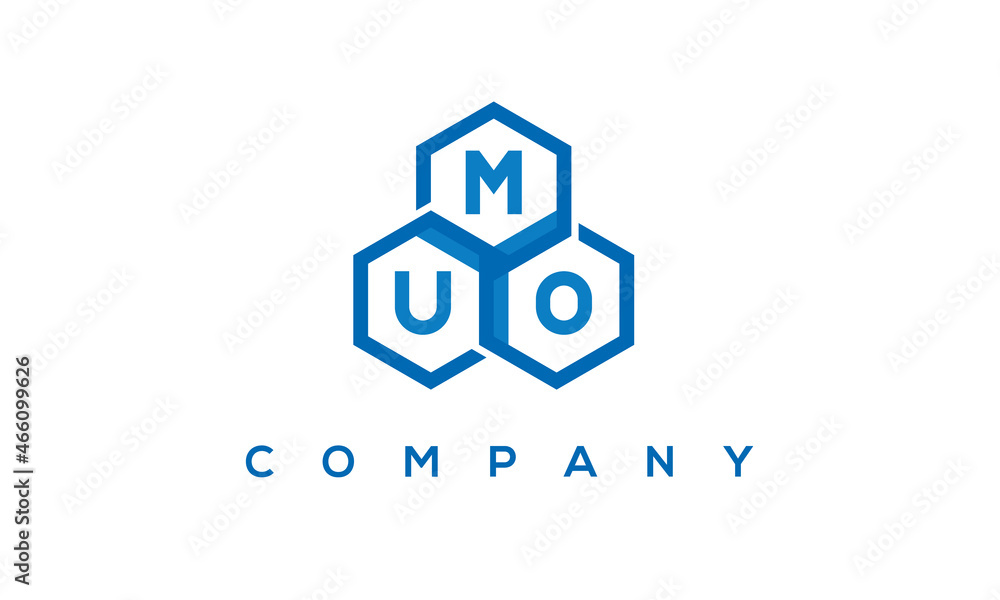 MUO letters design logo with three polygon hexagon logo vector template