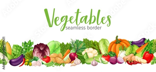 Vegetables seamless pattern border frame vector illustration. Pattern with artichoke, leek, corn, garlic, cucumber, pepper, onion, celery, asparagus, cabbage and ets.