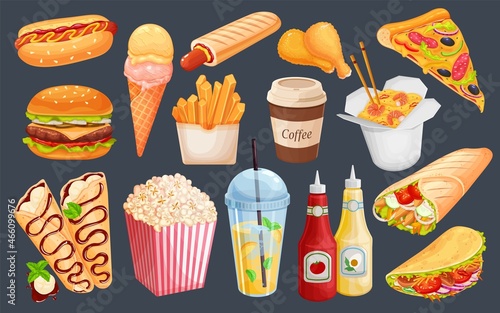Fast food icon set. Hot dog, shawarma, pizza, crepes, hamburger, wok noodles, and others fast food for takeaway cafe design. Vector illustration.