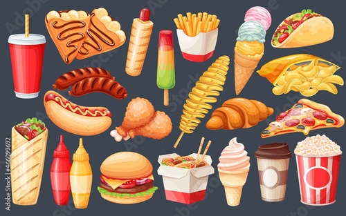 Fast food icon set. Tornado potato, crepes, hamburger, wok noodles, hot dog, shawarma, pizza, ice pop and others for takeaway cafe design. Street food vector illustration.