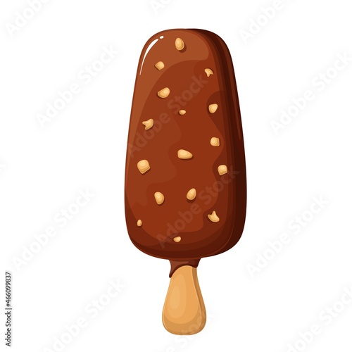 Ice cream popsicle on stick in chocolate glaze with nuts vector illustration.