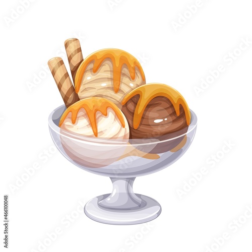 Chocolate and vanilla balls ice cream with topping and wafer rolls in glass bowl vector illustration
