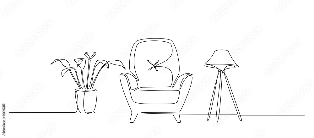 Continuous one line drawing of armchair and loft lamp and floor potted plant. Modern scandinavian furniture in simple Linear style. Doodle simple vector illustration Continuous one line drawing of armchair and loft lamp and floor potted plant. Modern scandinavian furniture in simple Linear style. Doodle simple vector illustration