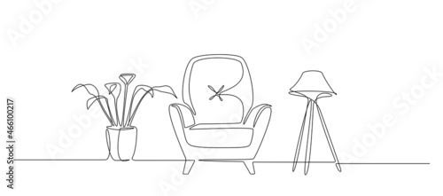 Continuous one line drawing of armchair and loft lamp and floor potted plant. Modern scandinavian furniture in simple Linear style. Doodle simple vector illustration