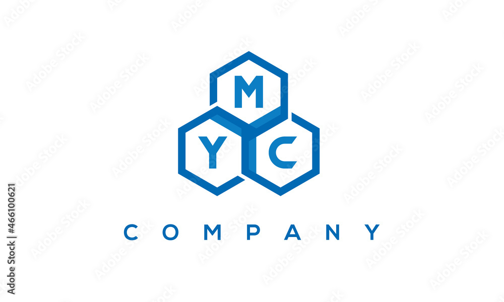MYC letters design logo with three polygon hexagon logo vector template