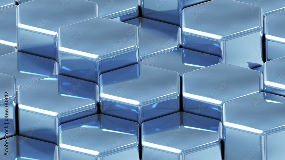 Obraz premium Silver hexagons 3D geometric background, shiny chrome metallic shapes stacks, render technology illustration.