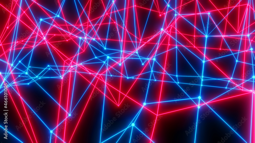Abstract technology background with neon glowing lines on black, purple blue striped sci fi  3D render background.