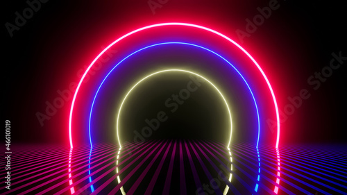 Abstract futuristic background, pink blue neon lights gate with circle tunnel, sci fi render illustration. 