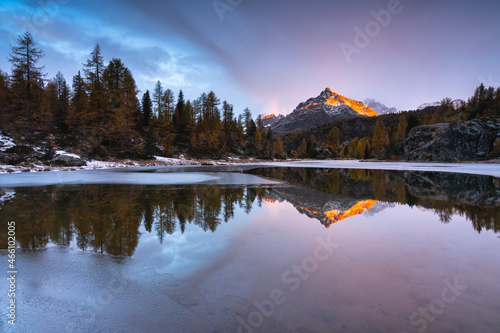 Muful   lake in Autumn season at dawn in Valmalenco  Valtellina  Italy.