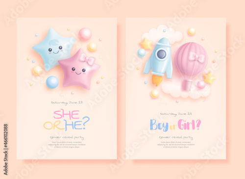 He or she. Boy or Girl. Set of cartoon gender reveal invitation template. Vertical banner with realistic toys and helium balloons. Vector illustration