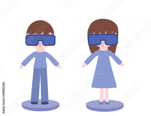 Virtual reality.Man and woman are standing in VR glasses.Metaverse and future concept.Blockchain technology concept.Futuristic tone.Avatars and ar glasses.Flat design.Cartoon vector illustration.