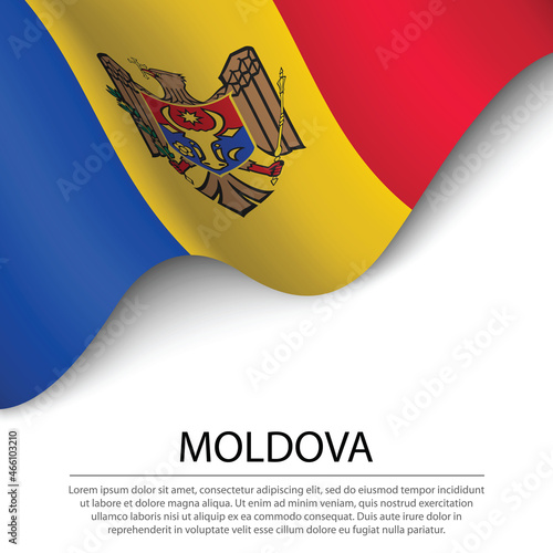 Waving flag of Moldova on white background. Banner or ribbon template for independence day