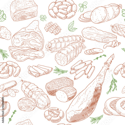 Seamless Pattern of meat products and meat delicacies. Sausages, ham, bacon, lard, salami in sketch style. Background for printing butcher shop packaging