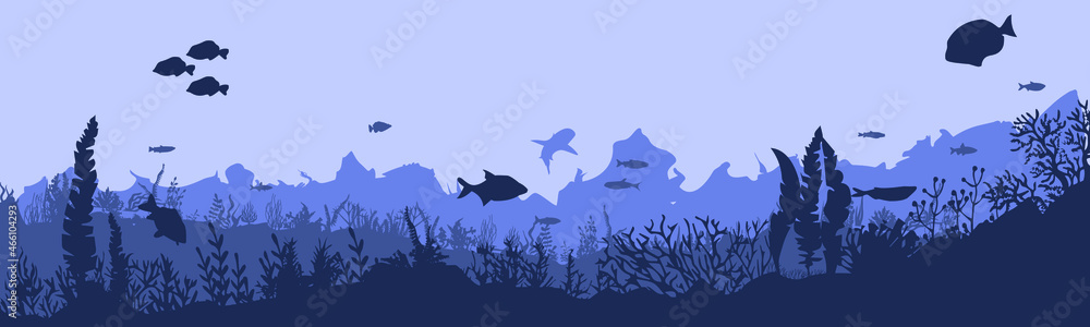 underwater scene, background from reef fish and algae. Vector