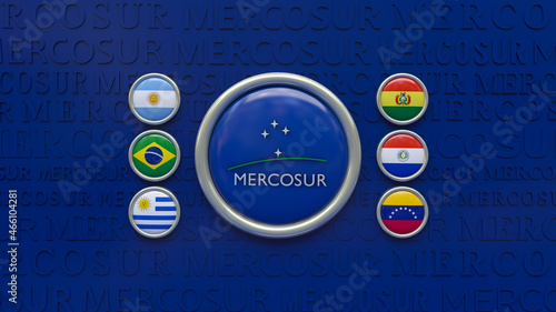 3d rendering of a big badges with the flag of the Mercosur surrounded by badges with flags of the member countries. photo