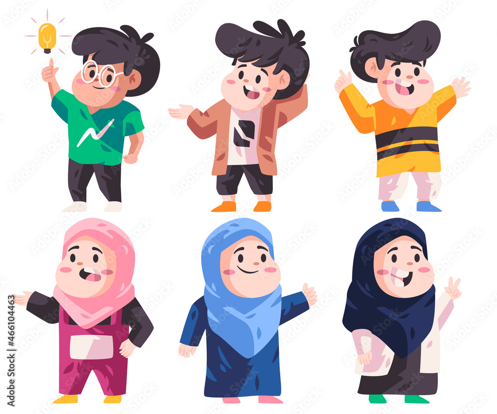 moslem kids picture collection many pose boys and girls various character wearing hijab scarf modern cartoon flat color white background vector illustration moslem kids picture collection many pose boys and girls various character wearing hijab scarf modern cartoon flat color white background vector illustration