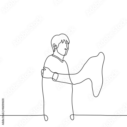 man does not want to leave - one line drawing vector. someone's hand grabbed the man who is looking at the viewer. concept of kicking someone out; taking away with you; unwanted guest