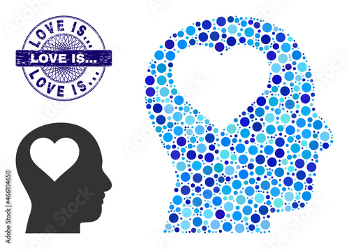 Fototapeta Naklejka Na Ścianę i Meble -  Circle collage lover head icon and LOVE IS... round corroded stamp. Blue stamp includes LOVE IS... tag inside circle and guilloche structure. Vector collage is based on lover head icon,