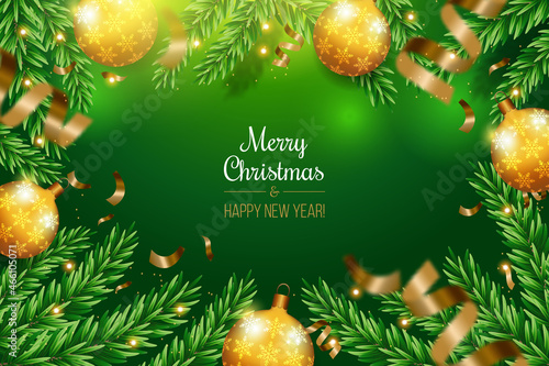 Slika na platnu Realistic Christmas green background with toys, fir branches, bokeh, serpentine