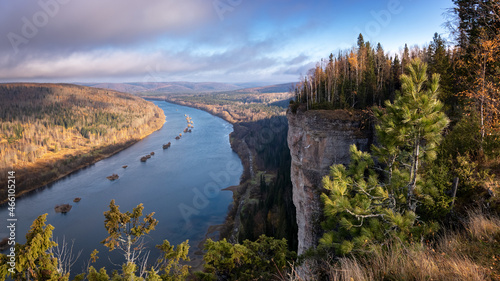 panorama on the Vishera River with Vetlan rock, Perm Krai, Russia