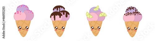 Set of kawaii ice cream. Vector collection of pink, lime, chocolate cones. Smiled faces. Isolated on white. Kids happy concept. Caffe, print, textile, fashion, accessorize, media, postcard, package.