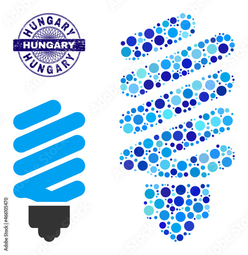 Circle composition fluorescent bulb icon and HUNGARY round corroded stamp seal. Blue stamp includes HUNGARY tag inside circle and guilloche pattern. Vector collage is based on fluorescent bulb icon,